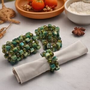 Pier 1 Gold & Green Beaded Glass Napkin Rings Set of 8 – Vintage Table Decor